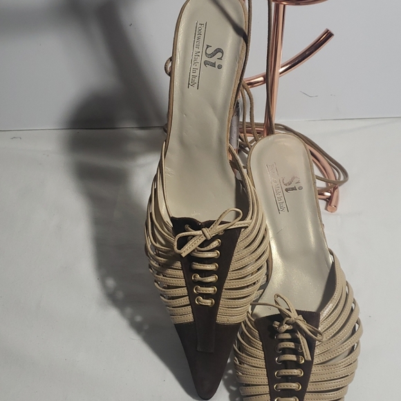 Si leather Italian Shoes, beige leather,  brown suede, Size 9 - Picture 1 of 9